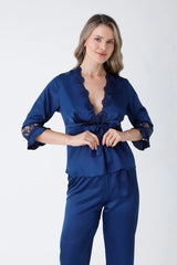 Navy Blue Satin 6-Piece Nightgown & Dressing Gown Set with Long Slit   Night Wear