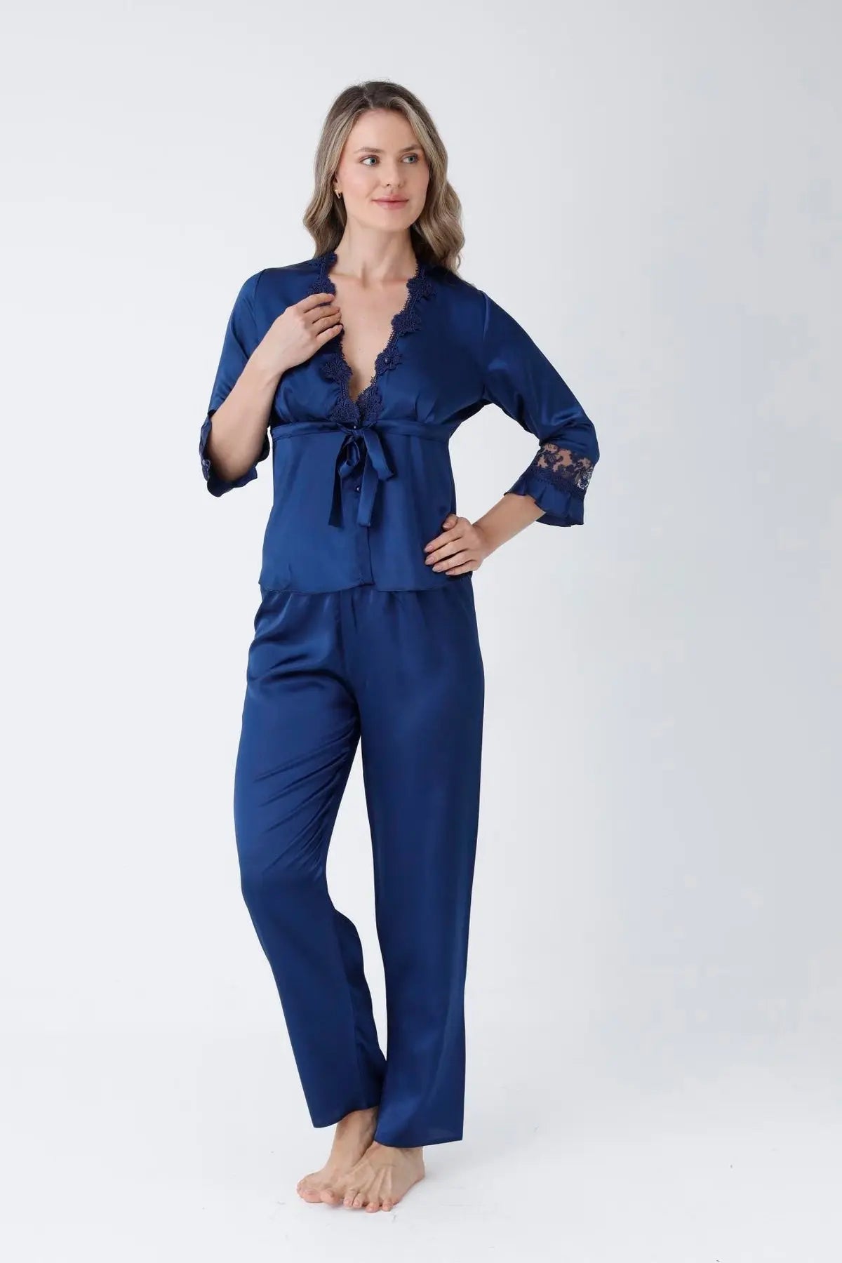 Navy Blue Satin 6-Piece Nightgown & Dressing Gown Set with Long Slit   Night Wear