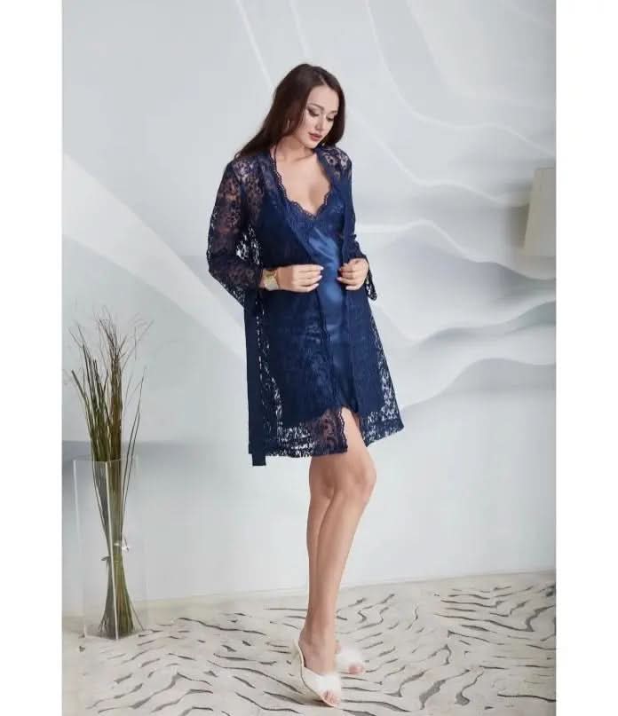 Nightgown & Dressing Gown Set with Lace Details - 6 Piece   Night Wear