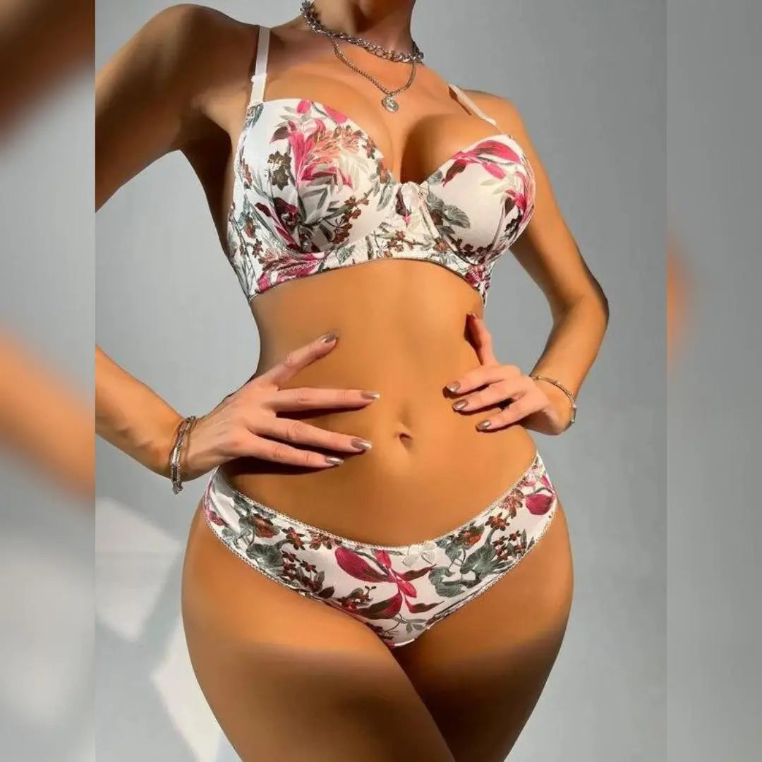 Premium White Flora Printed Bra Set   Bra Set