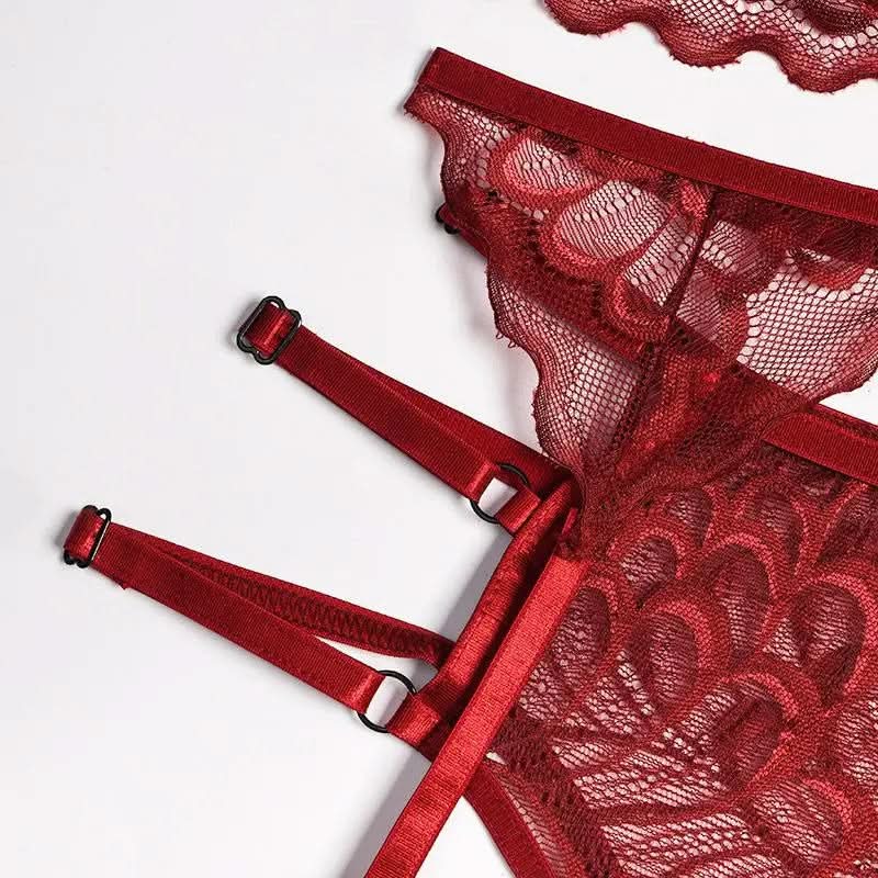 Red Sexy Lingerie Set with Underwire Bra, Hanging Neck Design, and Garter Belt   Garter Set