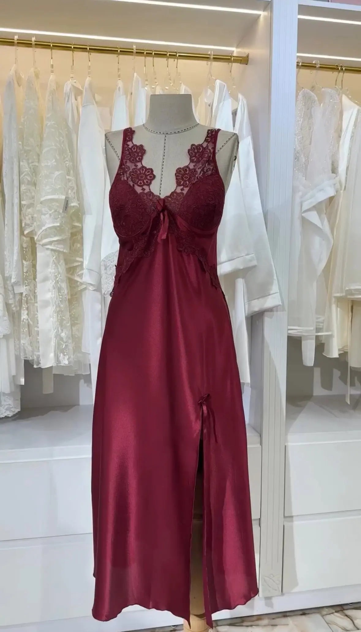 Turkish Style Maroon Bridal Long Silk Nighty Gown   Night Wear