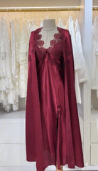 Turkish Style Maroon Bridal Long Silk Nighty Gown   Night Wear