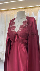 Turkish Style Maroon Bridal Long Silk Nighty Gown   Night Wear