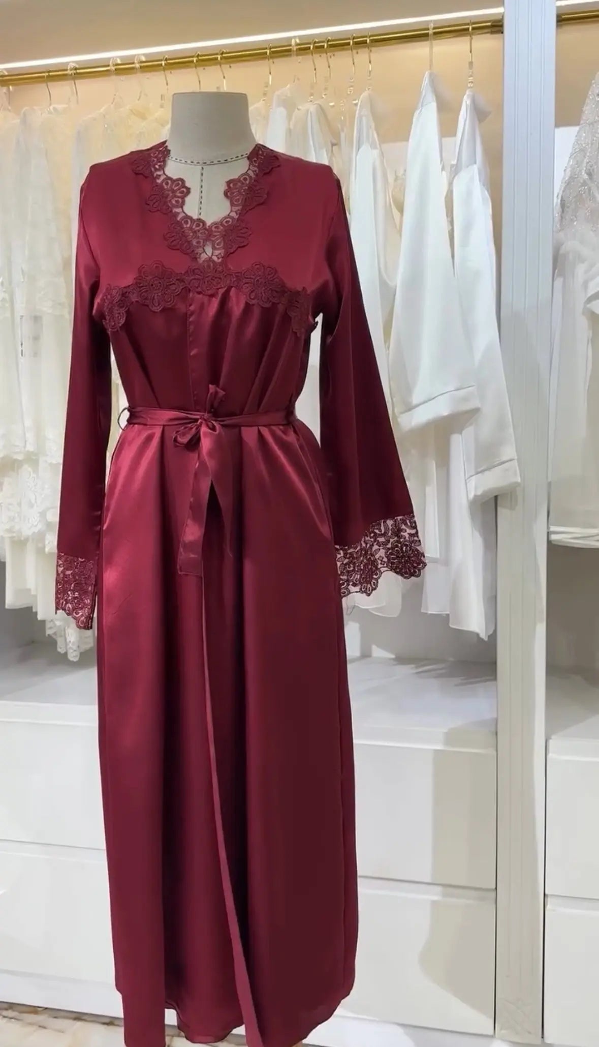 Turkish Style Maroon Bridal Long Silk Nighty Gown   Night Wear