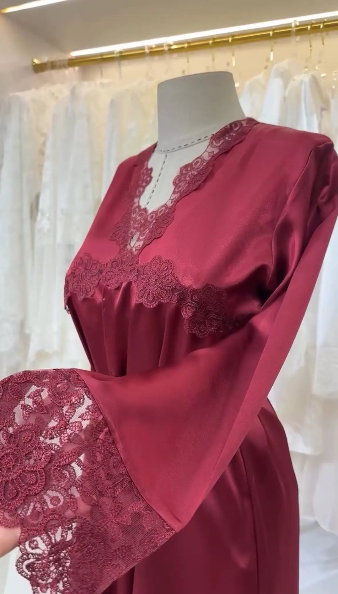 Turkish Style Maroon Bridal Long Silk Nighty Gown   Night Wear