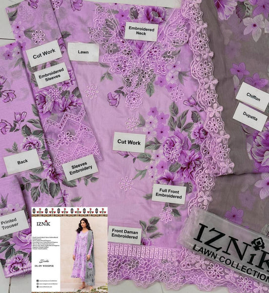 Iznik | Embroidered Lawn 3 Piece Unstitched Suit PURPLE-IL-DL-09   3PC