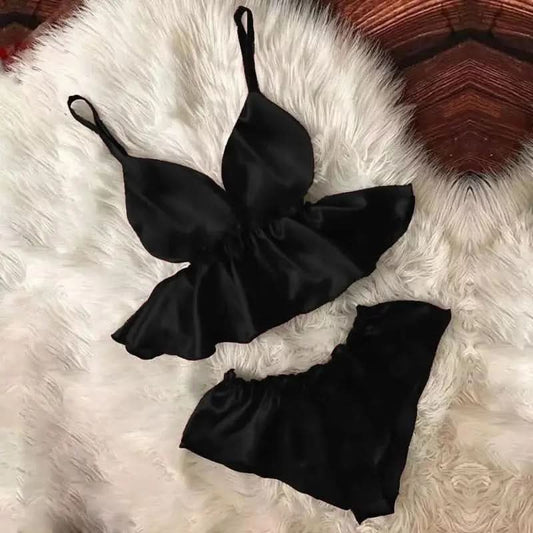 Women’s V-Neck Eyelash Lace Satin Camisole & Bowknot Shorts Set – Luxurious Nightwear for Seductive Comfort  Black Night Wear