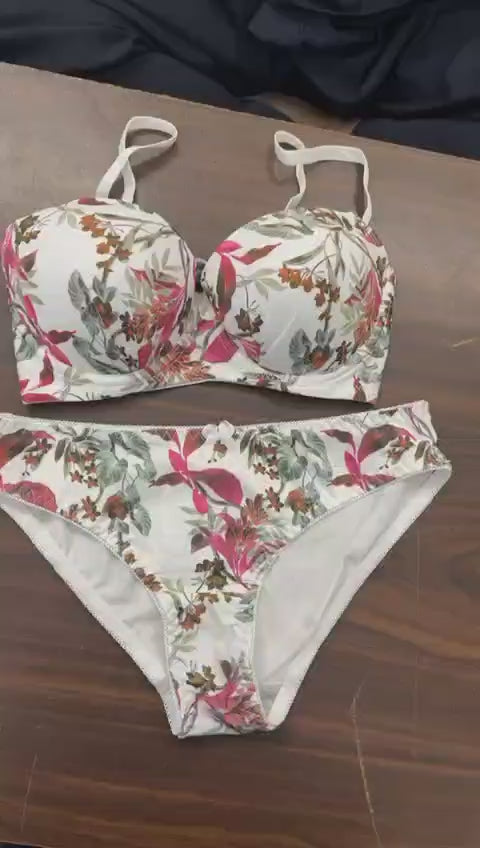 Premium White Flora Printed Bra Set