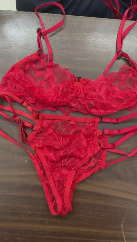 Red Sexy Garter Belt Set with Underwire Bra and Hanging Neck Design