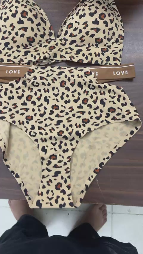 Leopard Print Bra & Cut-Out Panty Lingerie Set with Letter Tape Detail